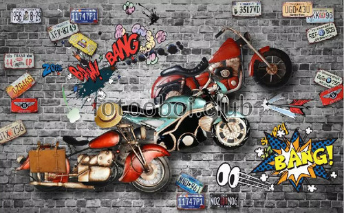 комиксы, кирпичная стена, мотоциклы, номерные знаки, 3д, 3d, детские, для подростка, для мальчика