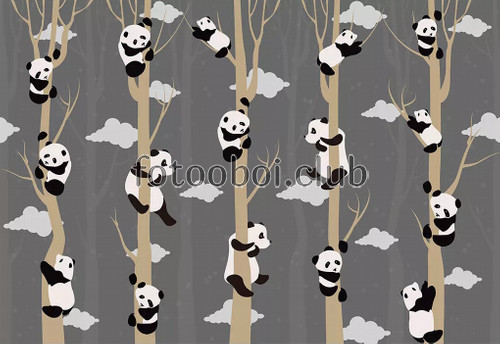 панды на дереве, лес, детские, для мальчика, облака