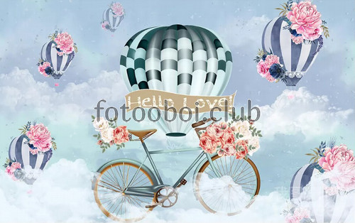 воздушные шары, велосипед, облака, цветы, пионы