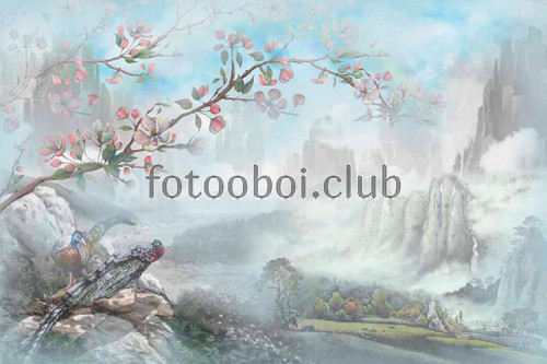 веточка сакуры, цветы, павлины, горы, природа