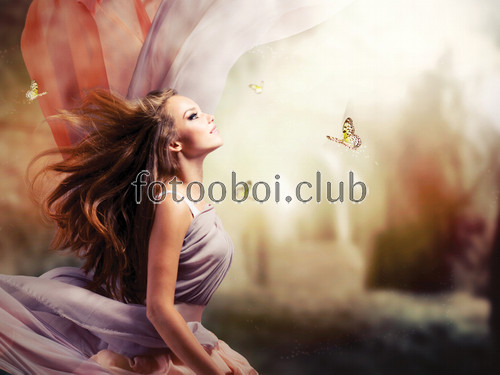 девушка, бабочки, шелк, воздушные, на стену, стена