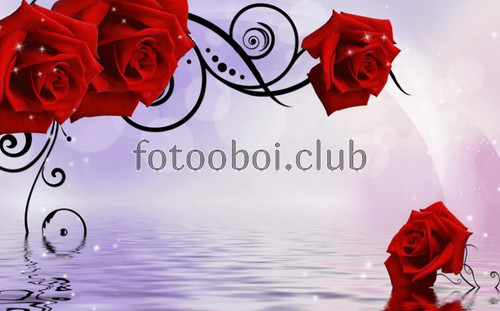 красные розы, фиолетовый фон, вода, 3д, 3d