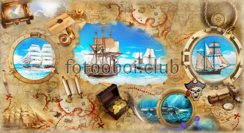 детские, остров сокровищ, сундук, золото, пираты, карта, корабль, море, океан, на стену 