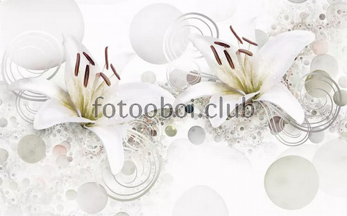 цветы, белые лилии, шары, абстракция, 3д, 3d