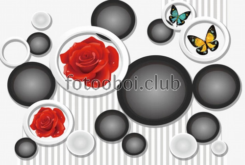 шары, кольца, красные розы, абстракция, бабочки