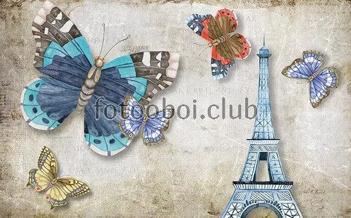 Эйфелева башня, Париж, бабочки, дизайнерские