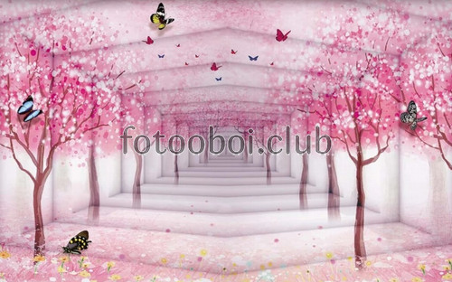 коридор, сакура, деревья, стереоскопические, бабочки